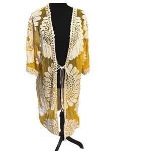 Sirenlily Mustard Yellow Embroidered Mesh Duster Cardigan XL Boho Coverup glam